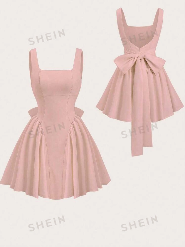 SHEIN Sweetro Women's Solid Color Square Neck Backless Bow Tie Summer Dress