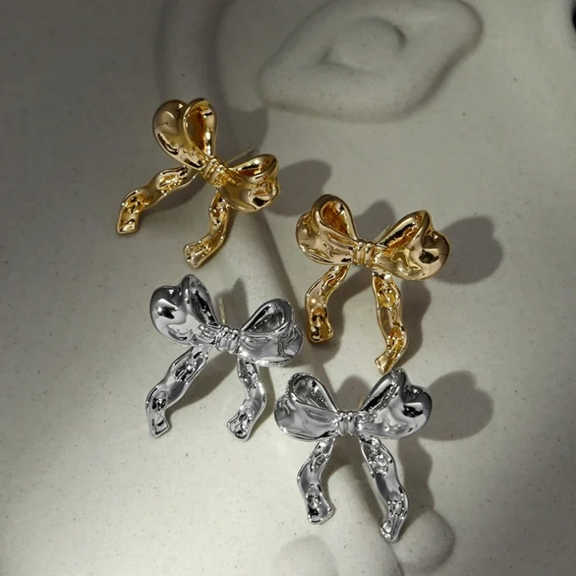 Женские серьги-гвоздики золотого/серебряного цвета с бантом на AliExpress