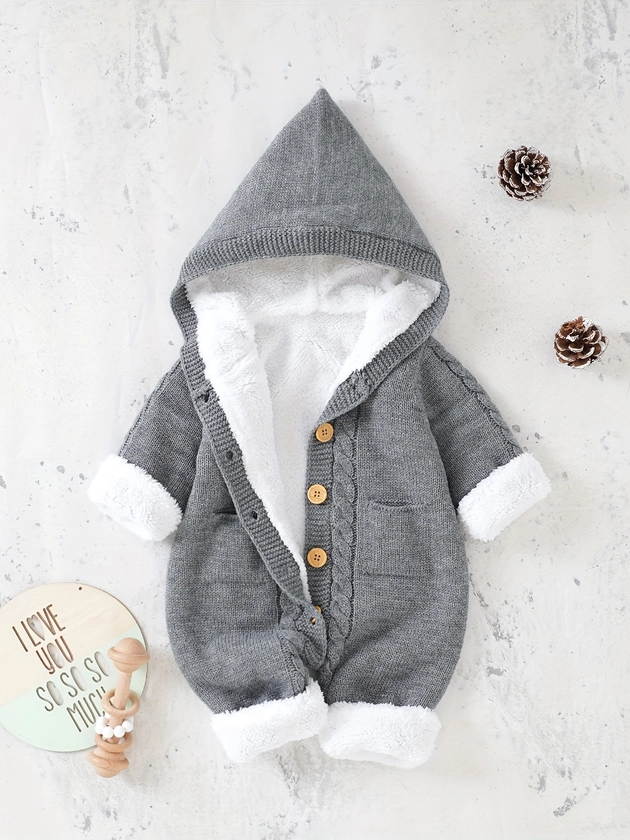 Newborn Boys And Girls Knitted Jumpsuit With Cashmere Long Sleeve Hooded Pants Jumpsuit