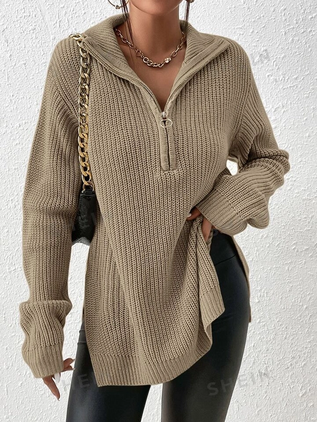 SHEIN Frenchy Half Zip Drop Shoulder Split Hem Grain Sweater