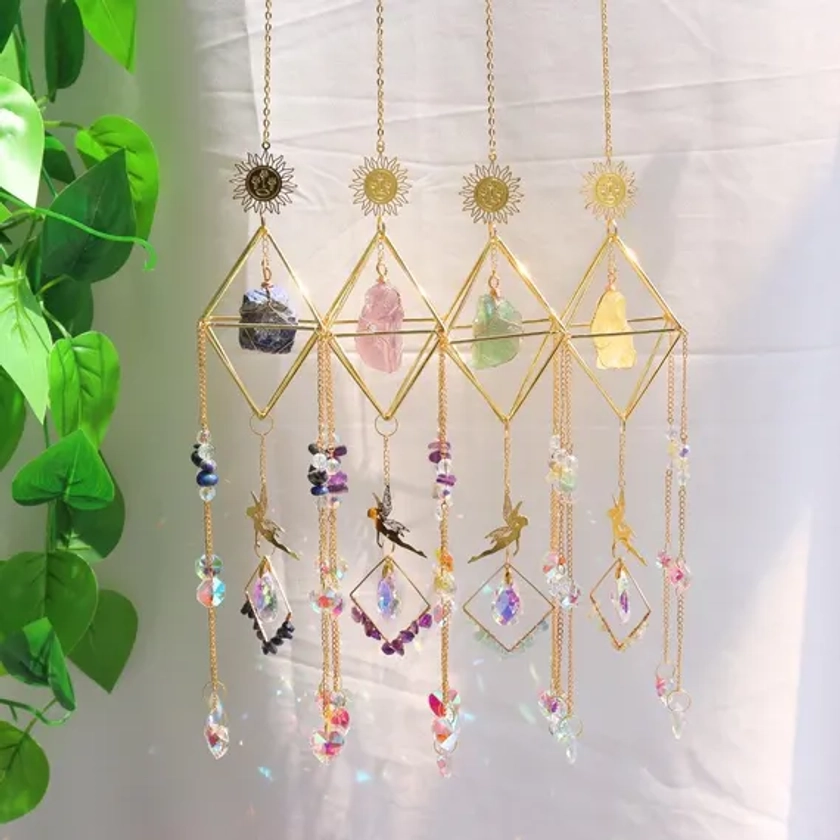 Crystal Suncatchers with Gold Fairy, Boho Decor Wall Hanging, Holiday Gift, Natural Raw Stones, Amethyst Light Catcher, Gemstone Ornaments