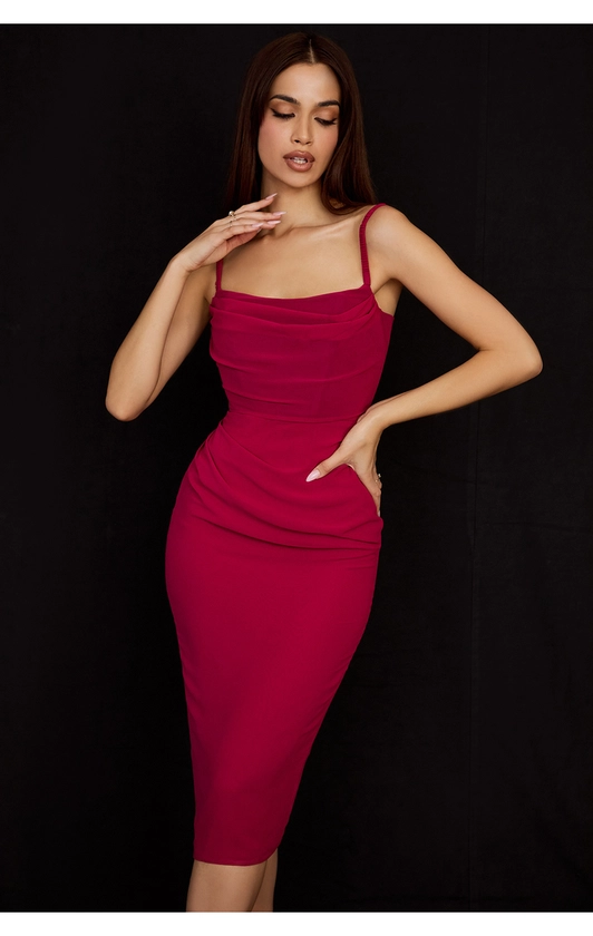 Clothing : Midi Dresses : 'Jamille' Berry Draped Corset Midi Dress