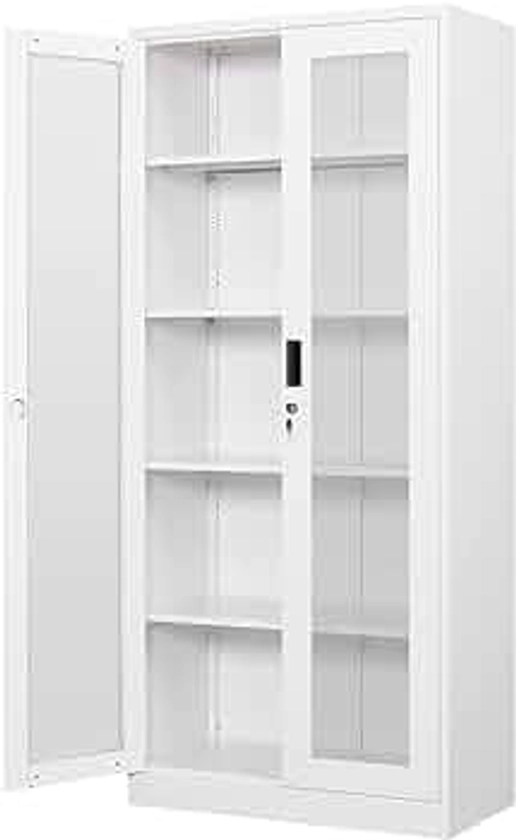 Display Cabinet with Glass Doors, Curio Cabinets with 4 Adjustable Shelves, Locking Glass Cabinet Display Case for Home, Office, Clinic, Pantry, Assemble Required, White