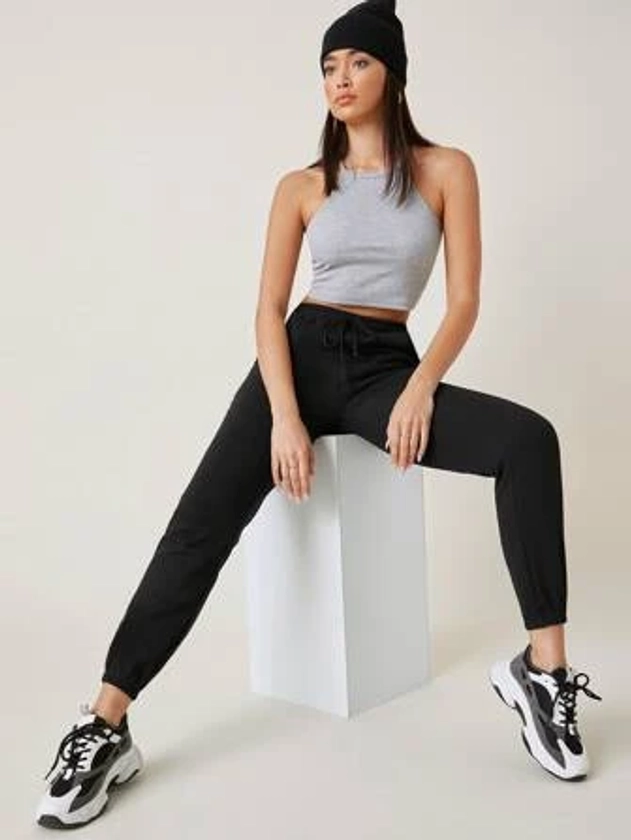 SHEIN BASICS Pantalon de jogging en coton à cordon à poche unicolore en polaire | Mode en ligne | SHEIN FRANCE