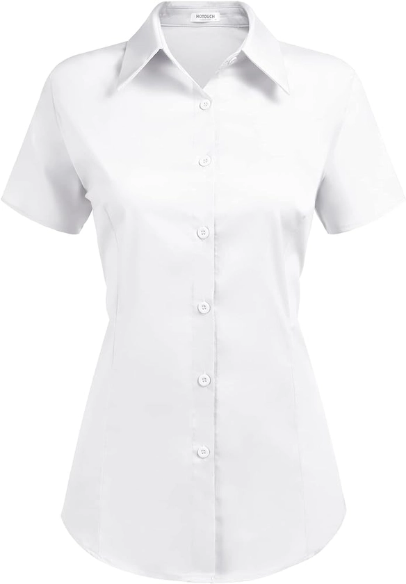 HOTOUCH Women's Basic Button Up Shirt Short Sleeve Stretchy Button Down Collared Shirts Waitress Work Shirt