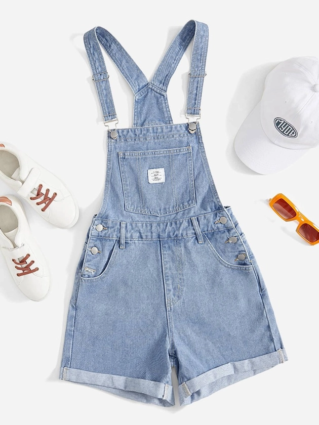 SHEIN EZwear Letter Patched Detail Denim Overalls Without Tee