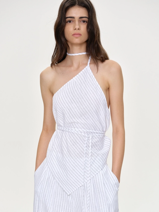 Paolore Tie-Up Linen Top, White Stripe