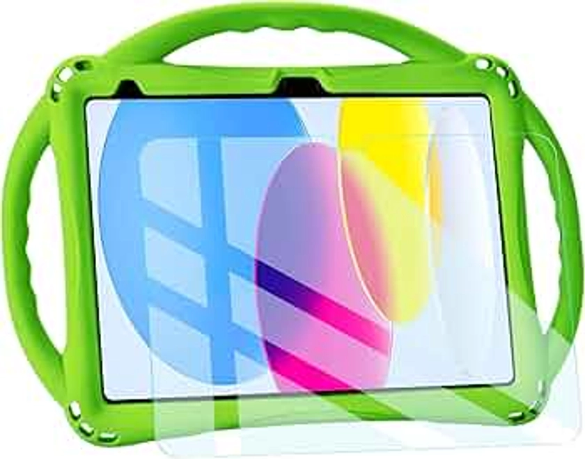 TopEsct Kids Case for iPad 10th Generation 10.9 inch 2022 with Tempered Glass Screen Protector, Silicone Shockproof iPad 10 Gen Case Comes with Strap(Green)