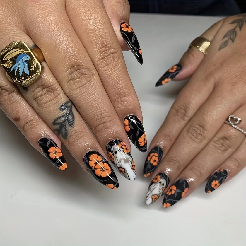 24-Piece Halloween Ghost & Orange Floral Press-On Nails Set - Glossy Black Almond Shape, Medium Length, Removable * Nails For Women And Girls Hallo