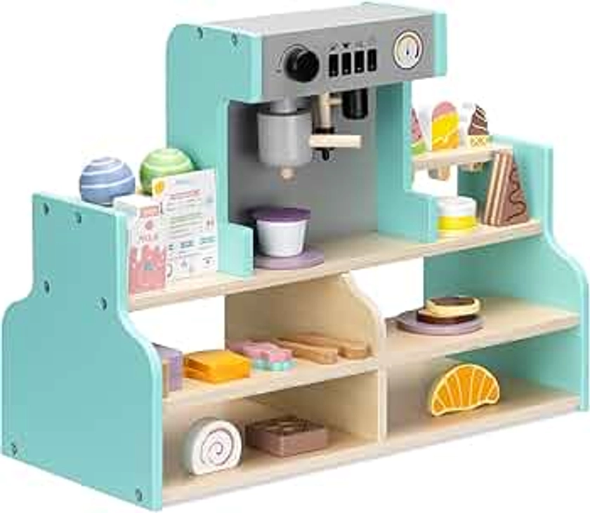 Navaris Kids Wooden Coffee Shop - Montessori Toy Cafe Role Play Set for Children - w Wood Pretend Food Coffee Machine Mugs - Girls Boys 18M+ - 42 x 30.5 x 18.1cm (16.5 x 12 x 7.1)