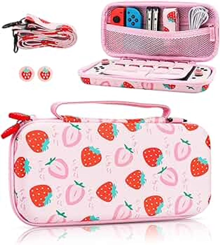 Cute Strawberry Carrying Case for Nintendo Switch and Switch OLED, Cute Travel Accessories Bag for Switch and Switch OLED, Case with Adjustable Shoulder Strap and 2 Strawberry Thumb Caps