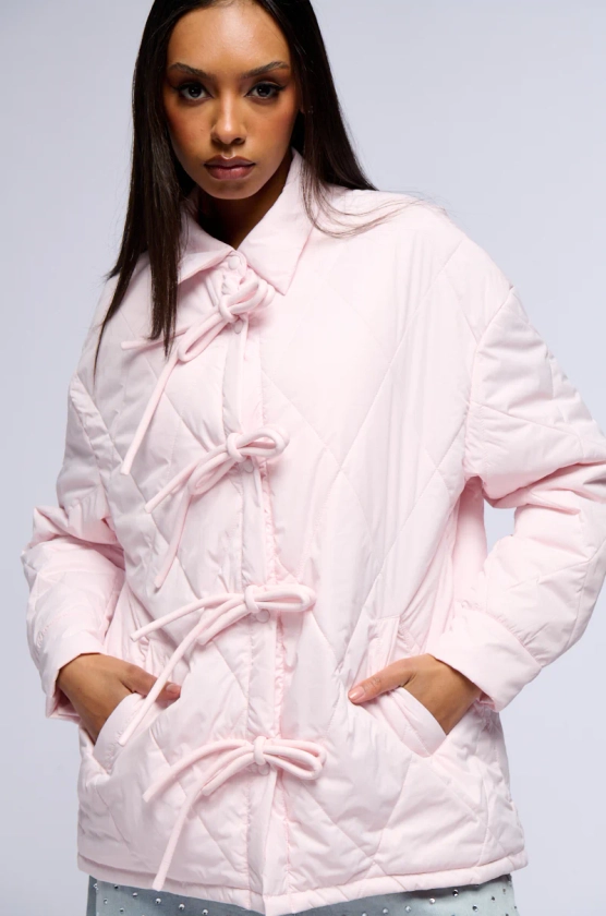 TRIBECCA PALE PINK QUILTED BOMBER WITH BOWS