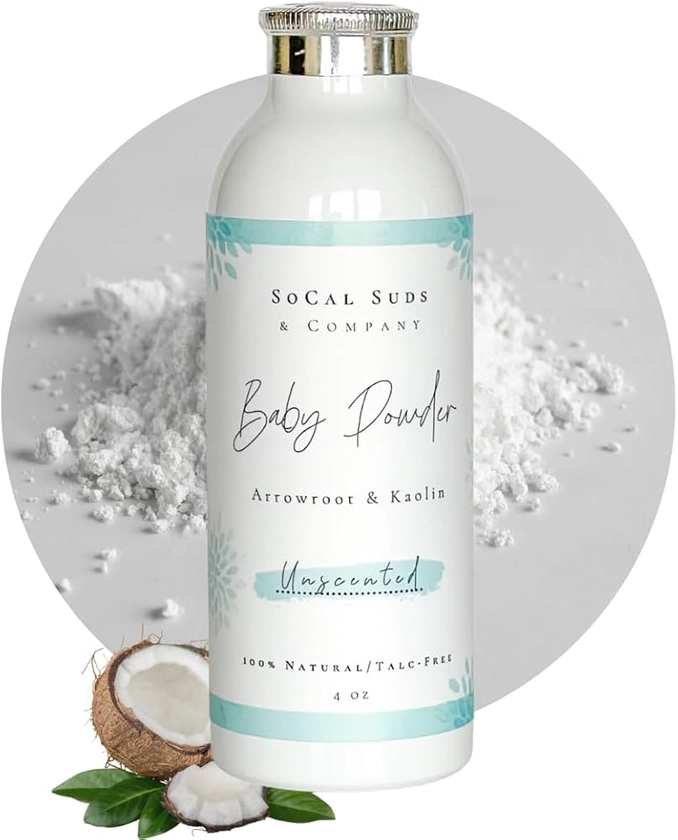 Amazon.com: SoCal Suds & Company - Natural Baby Powder Talc-Free - with Arrowroot Powder, Kaolin, Aspen Bark Extract for Soft Soothing Protected Skin - Gentle Absorption - Unscented, 4oz : Baby