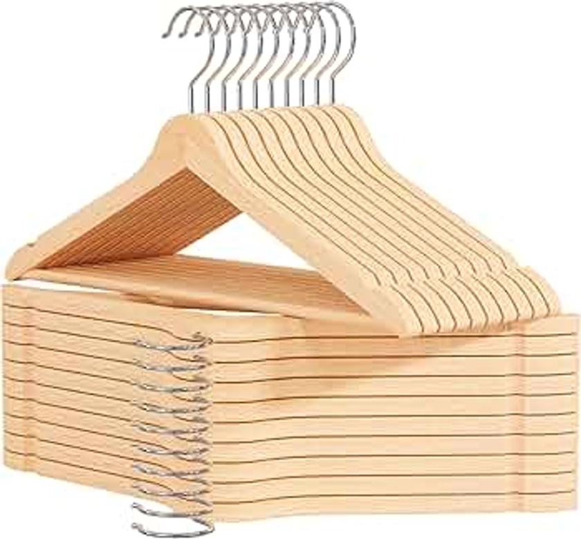 OGIVO Cintres en Bois - Lot de 20 - Cintre en Bois pour Votre Armoire - Crochet pivotant 360° - Entailles Autour des épaules – Cintres (Naturel)