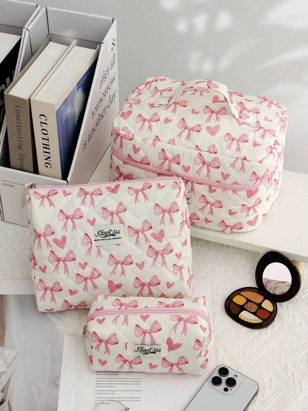 1PC Baby Pink With Heart And Bowknot Pattern Makeup Bag, Multifunctional Cosmetic Organizer Handbag Bath Shower Wallet Pouch Portable Cosmetics Brush Storage Clutch With Zipper Closure For Lipstick, Brush, Skincare, Mobile Phone, Coin, Small Items, For Home, Travel, Vacation And School Use,Makeup Bag Makeup Pouch Skincare Bag Toiletry Bag Packing Cubes,Travel Essentials Cruise Essentials Dorm Essentials,Wedding Bridesmaid Gifts,Mom Gifts,Birthday Gifts,Gifts For Friends And Teachers,For Student Back To School ,Home Decor,Bathroom Livingroom Bedroom Decor,Bathroom Organizer,Jewelry Organizer,Lip Oil Organizer,Nail Polish Organizer