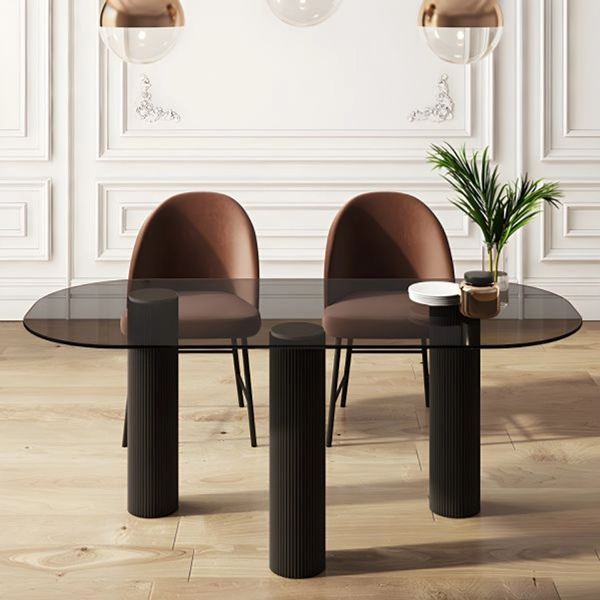 Table à manger ovale contemporaine en verre trempé clair avec 3 pieds - Noir L 130 x l 75 x H 75 cm Sans Chaises Tables à manger