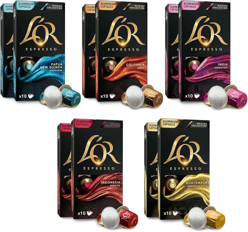 L'OR - Espresso – Collection Origines – 100 Capsules de Café Compatibles Nespresso ®* – Coffret de 5 Variétés – Intensité 7 à 10 – Lot de 10 x 10 : Amazon.fr: Epicerie