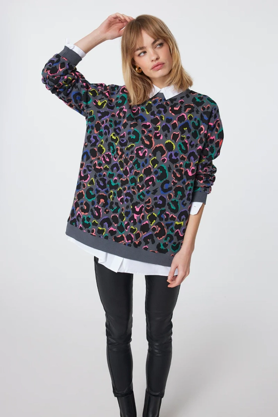 Grey with Rainbow Shadow Leopard Oversized Sweatshirt Scamp & Dude