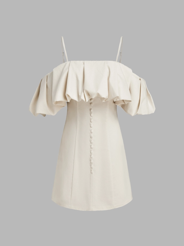 Linen-blend Off-shoulder Solid Ruffle Mini Dress