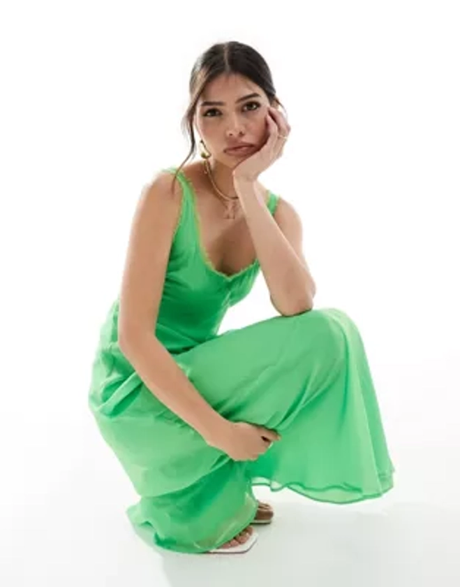 ASOS DESIGN scoop neck raw edge bias maxi dress in bright green | ASOS