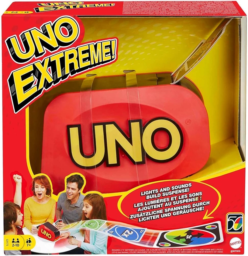 Mattel Games UNO Extreme, Jeux De Cartes Familial Pour Enfants Et Adultes, Jeu De Cartes UNO Avec Lanceur De Cartes, 2 À 10 Joueurs, Jouet pour Enfant de 7 ans et Plus, GXY75