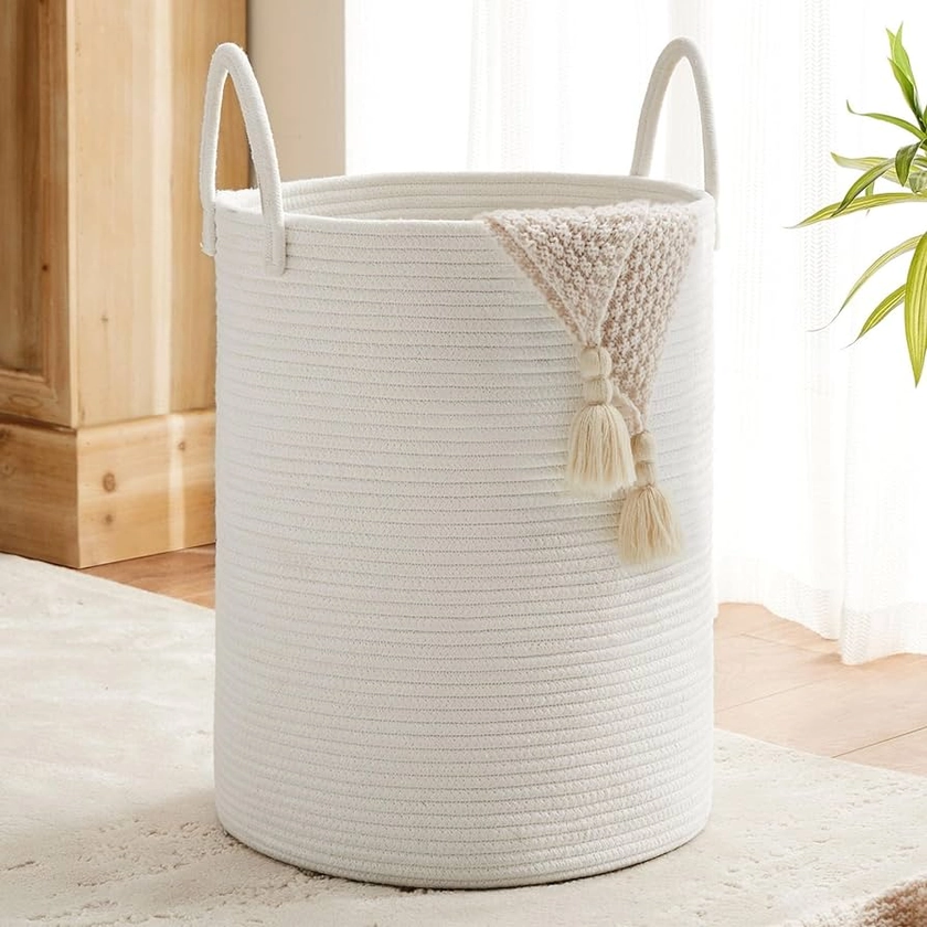 Amazon.com: White Woven Rope Laundry Basket by TECHMILLY, 58L Baby Nursery Hamper for Clothes Blanket Storage, Large Tall Laundry Hamper for College Dorm, Bedroom, Living Room : Baby