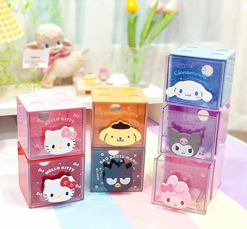 Sanrio Hello Kitty/ My Melody/ Kuromi/ Cinnamoroll/ Pompompurin/ Badtz-Maru Stackable Cube Drawer Organizer Storage Box Accessories Jewelry