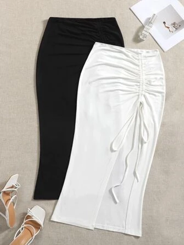 SHEIN VCAY 2pcs Solid Drawstring Split Thigh Skirt