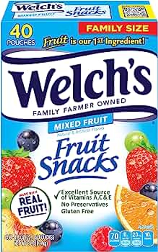 Welch's Fruit Snacks, Mixed Fruit, Perfect for School Lunches, Gluten Free, Bulk Pack, Individual Single Serve Bags, 0.8 oz (Pack of 40)