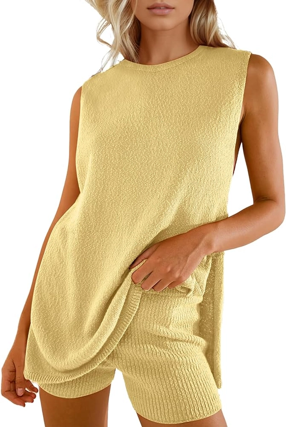 Womens Knit Pajamas Sets 2 Piece Outfits Casual Sleeveless Sweater Tank Top Shorts Loungewear Lounge Sets