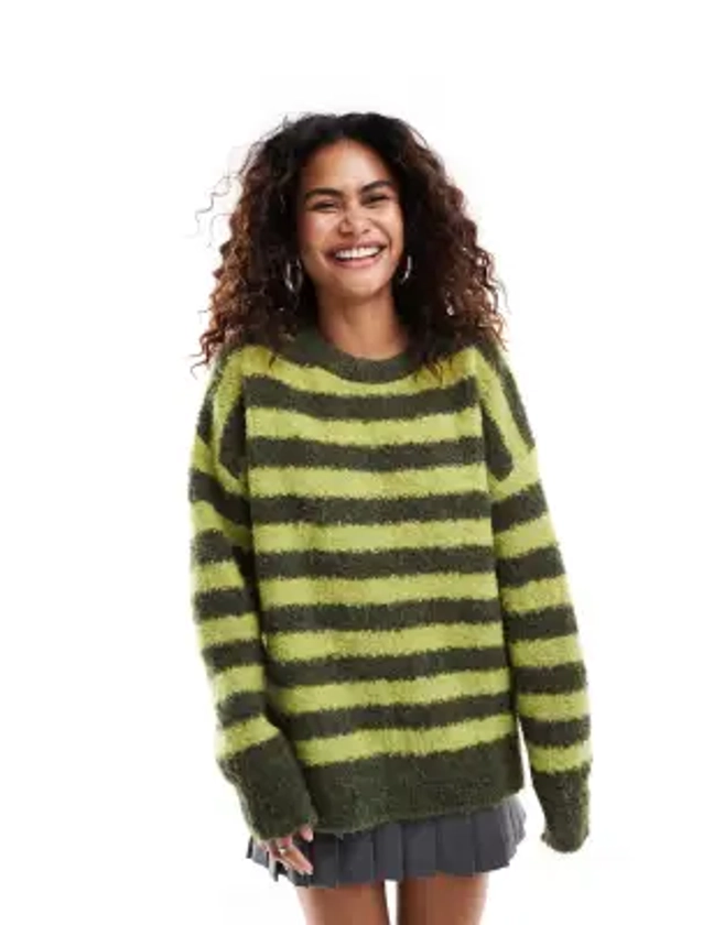 Urban Revivo oversized soft striped sweater in green | ASOS