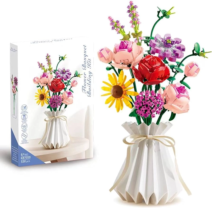 Adults Flower Bouquet Building Set for Women, Botanical Building Kit, 11 Flowers Block Toys, with DIY Paper Vase (530 Pcs)