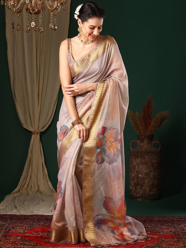 Anouk Abstract Printed  Zari Organza Block Print Saree