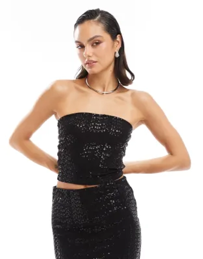 Pieces - Top bandeau d'ensemble à assortir orné de sequins - Noir | ASOS