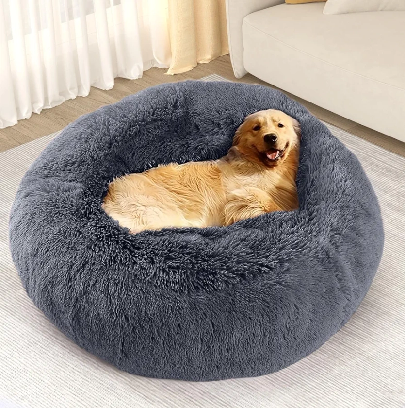 YITAHOME Calming Dog & Cat Bed, Anti-Anxiety Donut Warming Cozy Soft Round Bed, Fluffy Faux Fur Plush Cushion Pet Indoor Bed, Gray, 36 Inch, Fits up to 100 lbs Pets