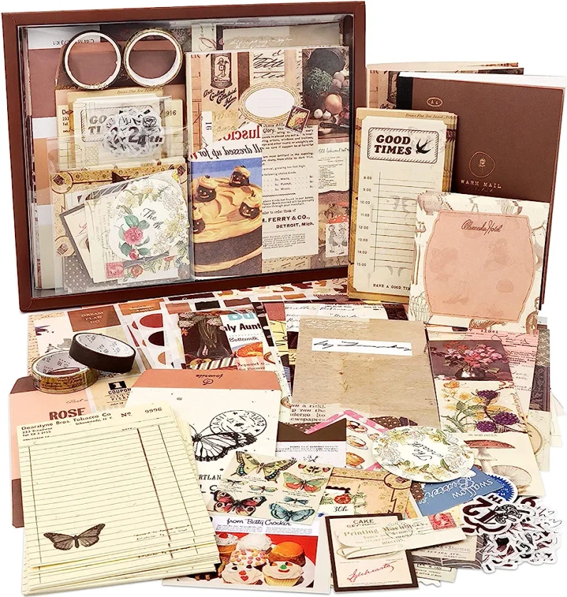 Draupnir Kit d'accessoires de Scrapbooking de 346 Pièces, Brun Vintage Bullet Journal Scrapbook Kit avec A6 Grille Carnet, DIY Cadeau de Scrapbooking pour Adolescentes - Vintage