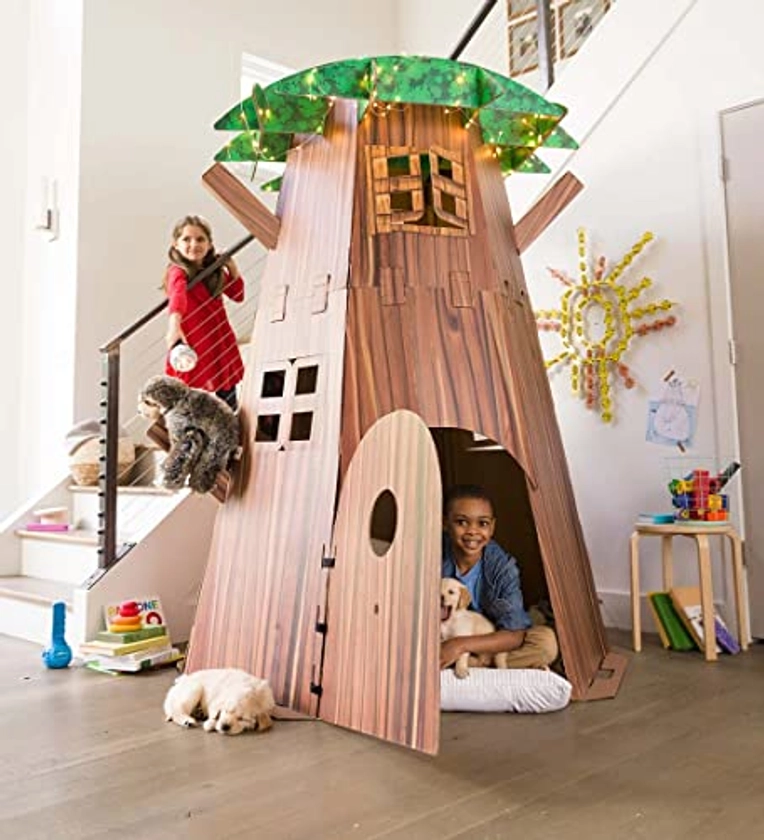 HearthSong Constructagons Big Tree Fort Indoor Fort-Building Kit with 4 Working Windows and Door, Approx. 7 Feet Tall x 5 Feet Diam., with Sturdy Cardboard Pieces and Hook and Loop Tape