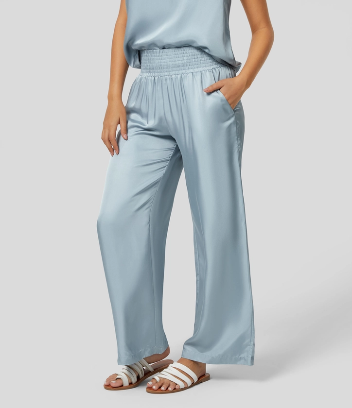 Women’s Mid Rise Shirred Side Pocket Wide Leg Satin-Like Casual Pants - Halara 