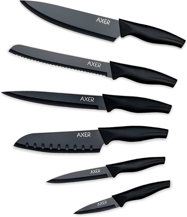 Axer Set de Couteaux de cuisine Noirs 6 pièces - Set Couteau Cuisine Professionnel en Acier Inoxydable - Ultra Sharp - Set Couteaux de Chef
