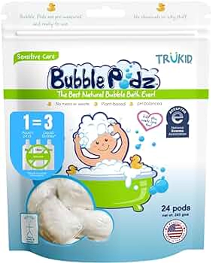 TruKid Bubble Podz Bubble Bath for Baby & Kids, NEA-Accepted for Eczema, Gentle Refreshing Colloidal Oatmeal Bath Bomb for Sensitive Skin, pH Balance 7 for Eye Sensitivity, Unscented (24 Podz)