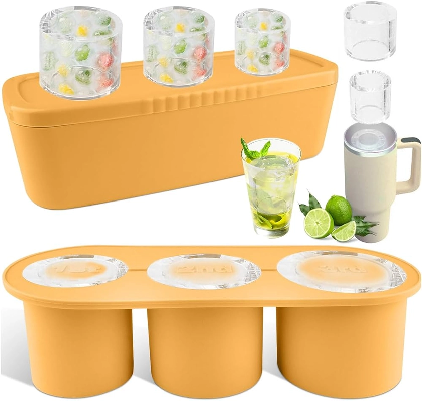 Ice Cube Tray for Stanley Cup,Silicone Ice Cube Molds with Lid and Bin for Chilling Cocktails,Juice, Whiskey, Drinks, Coffee, 30oz 40oz Tumbler, Easy Fill and Release Ice Maker (Yellow)