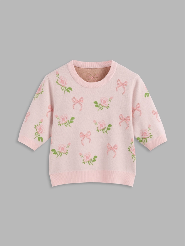 Knit Fabric Knitted Round Neckline Floral & Bowknot Short Sleeve Top For School Daily Casual