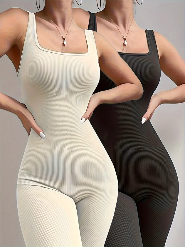 2pcs Solid Color Ribbed Jumpsuit, Round Neck Sleeveless Sports Bodysuit, Women&#39;s Activewear