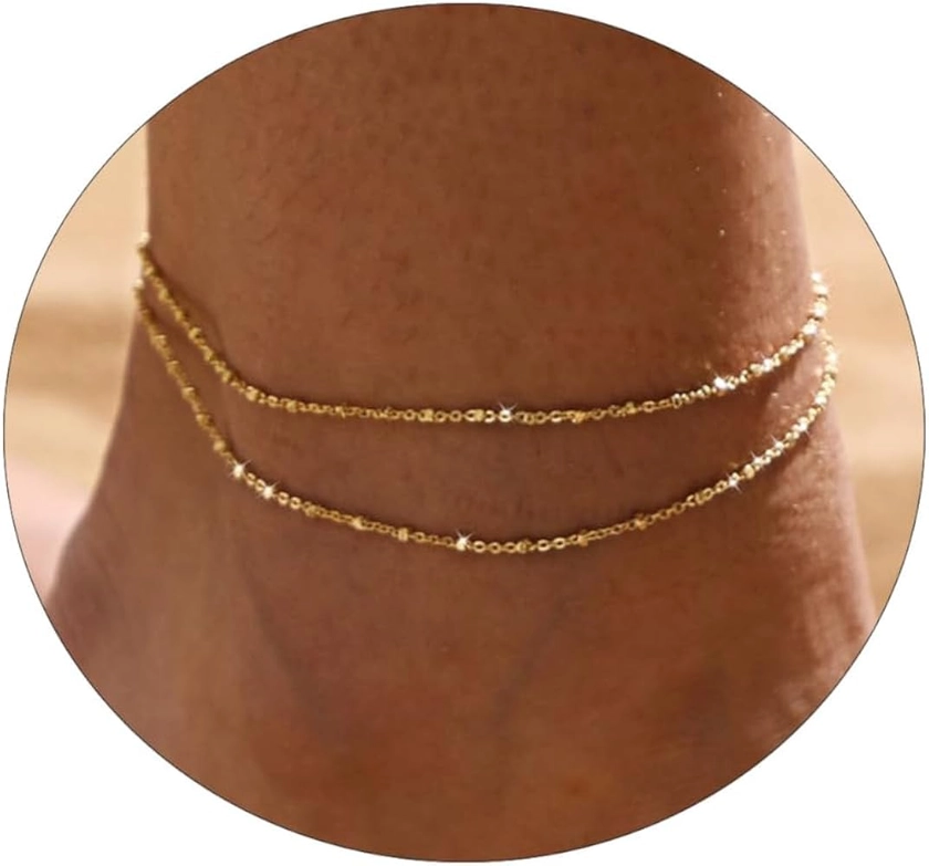 ASCOMY Ankle Bracelets for Women 14K Gold Plated Anklet for Women Silver Layered Shining Tennis Anklet Dainty Beaded Bar Dot Pearl Satellite Link Chain Anklets Summer Beach Foot Chain Jewelry Gifts
