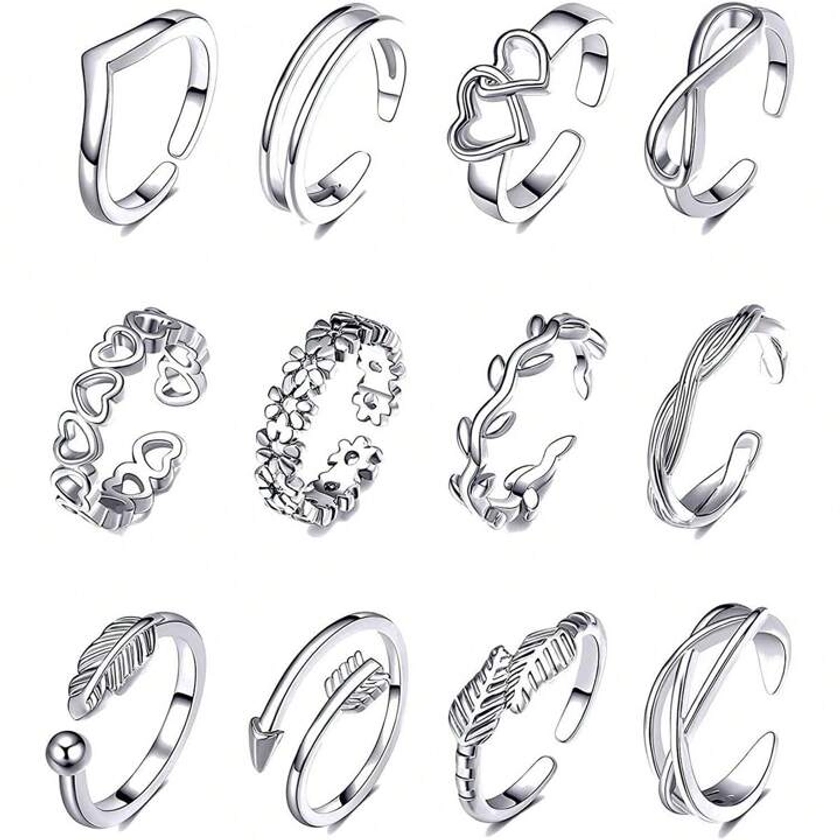 12 Peças/conjunto Anéis Conjunto De Juntas De Material De Metal Com Desenhos De Flecha, Estrela, Lua Para Mulheres