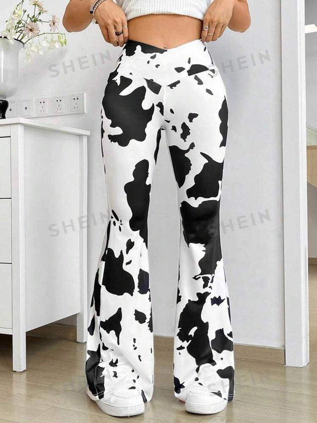 SHEIN MOOSTA Women's Cow Print High Waist Flare Pants