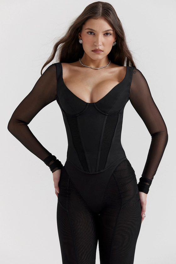 Clothing : Tops : 'Araminta' Black Long Sleeve Corset