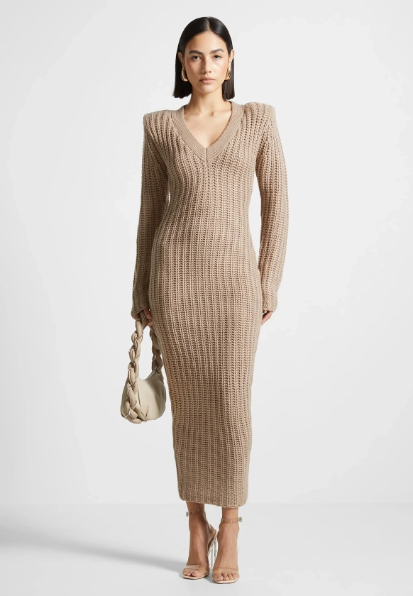 Wide Shoulder Knitted Midaxi Dress - Taupe | Manière De Voir USA