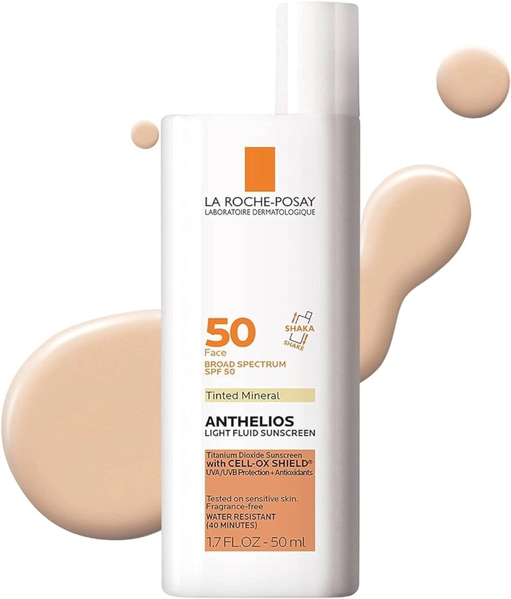 Amazon.com: La Roche-Posay Anthelios Tinted Sunscreen SPF 50, Ultra-Light Fluid Broad Spectrum SPF 50, Face Sunscreen with Titanium Dioxide Mineral, Universal Tint, Oil-Free : Beauty & Personal Care
