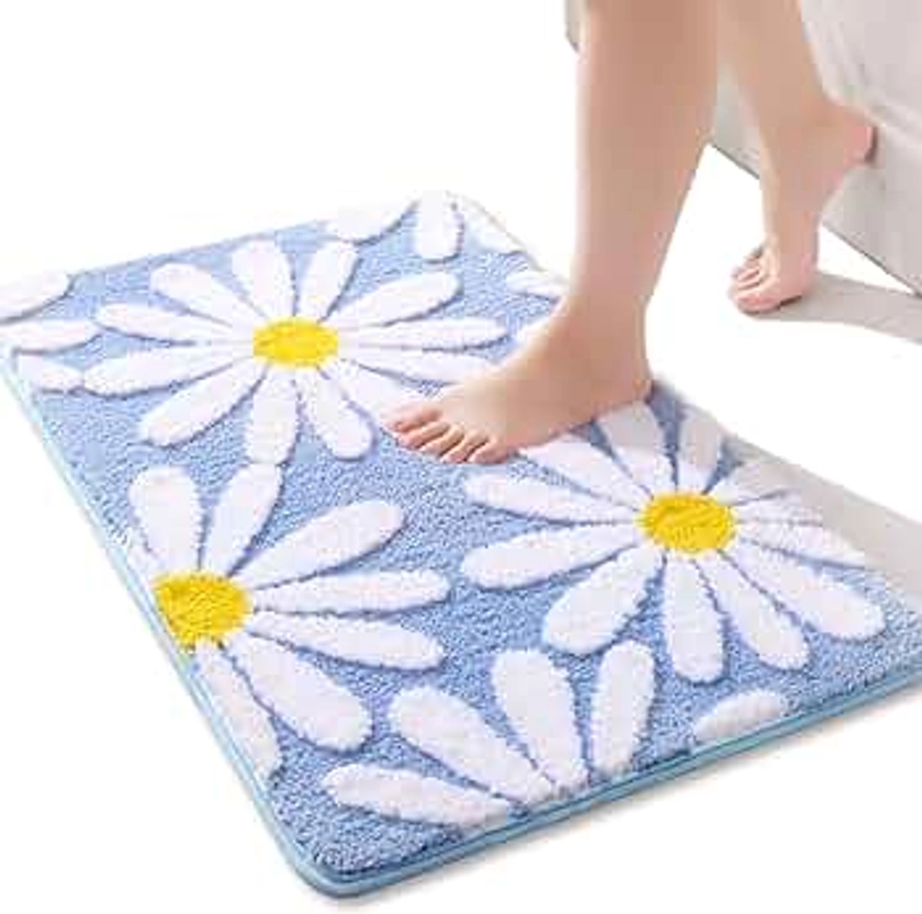 QJHOMO Blue Bath Mat White Flower Rug 40 x 60 cm, Non Slip Bath Mats for Bathroom, Soft Microfiber Bathroom Mat, Machine Washable Rug Durable Bathmat, Super Absorbent Floor Mat for Shower